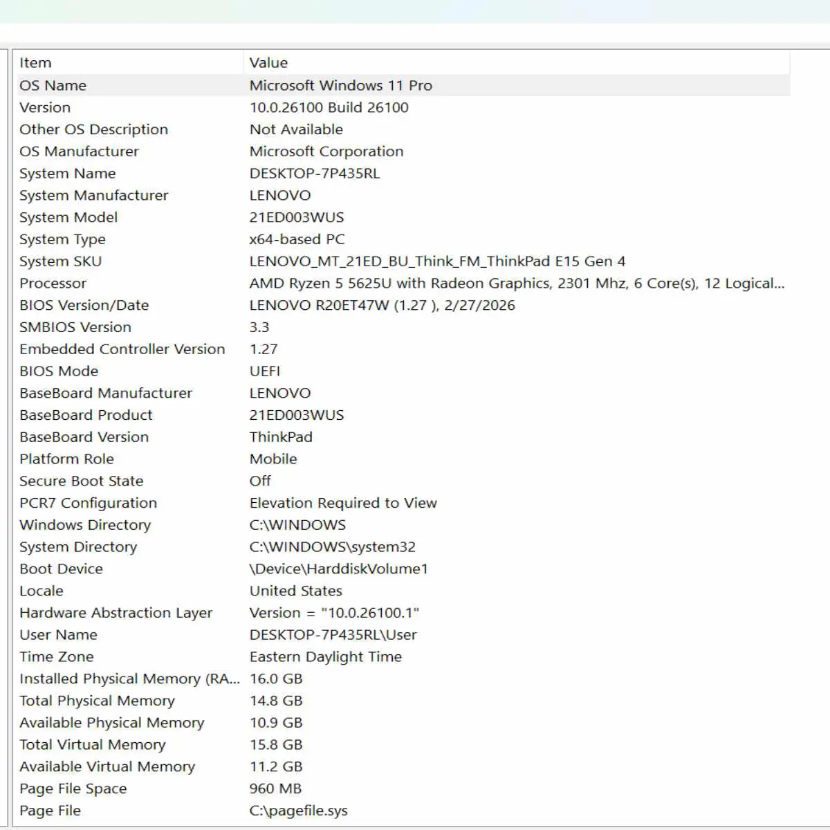 lenovo thinkpad e15 gen 4 laptop system information page