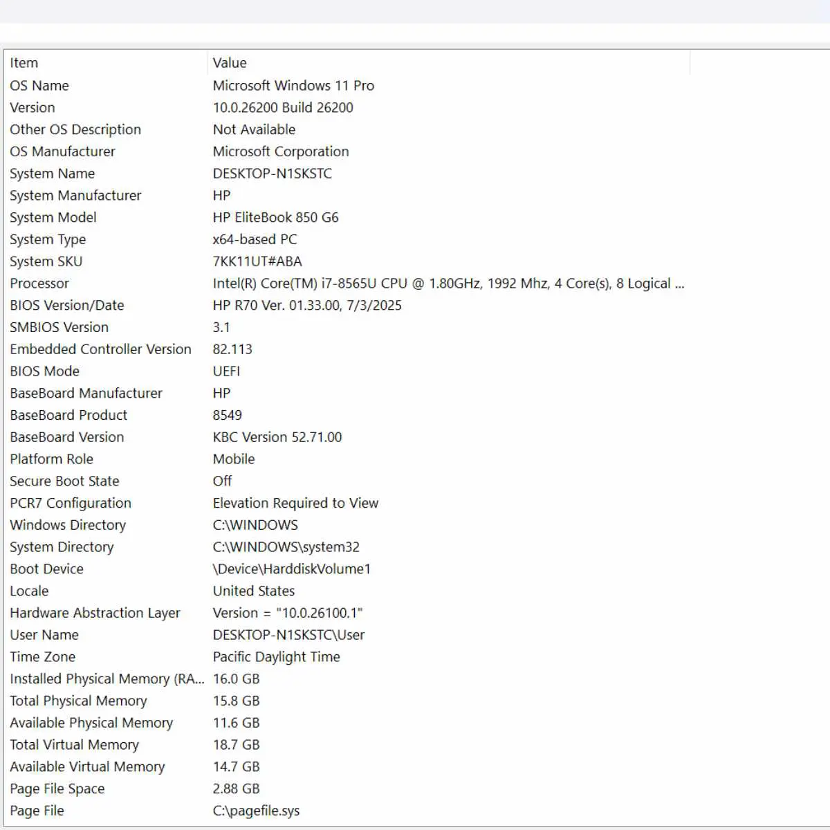 hp elitebook 850 g6 i7-8565u laptop computer system information page