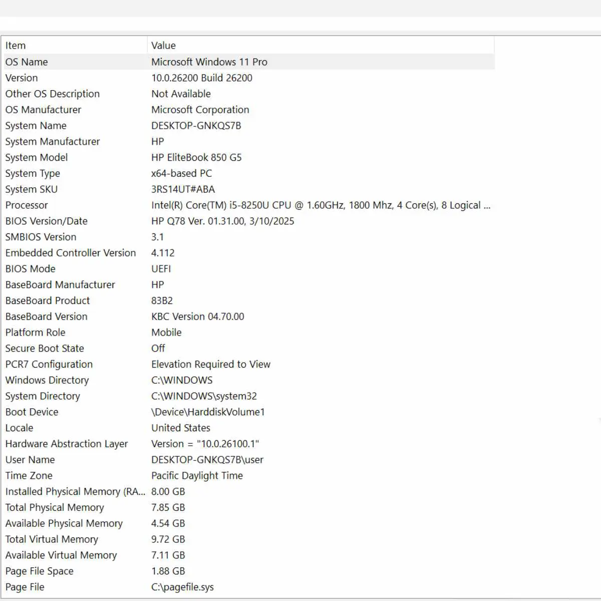 hp elitebook 850 g5 i5-8250u 8gb ram 256gb ssd laptop system information page