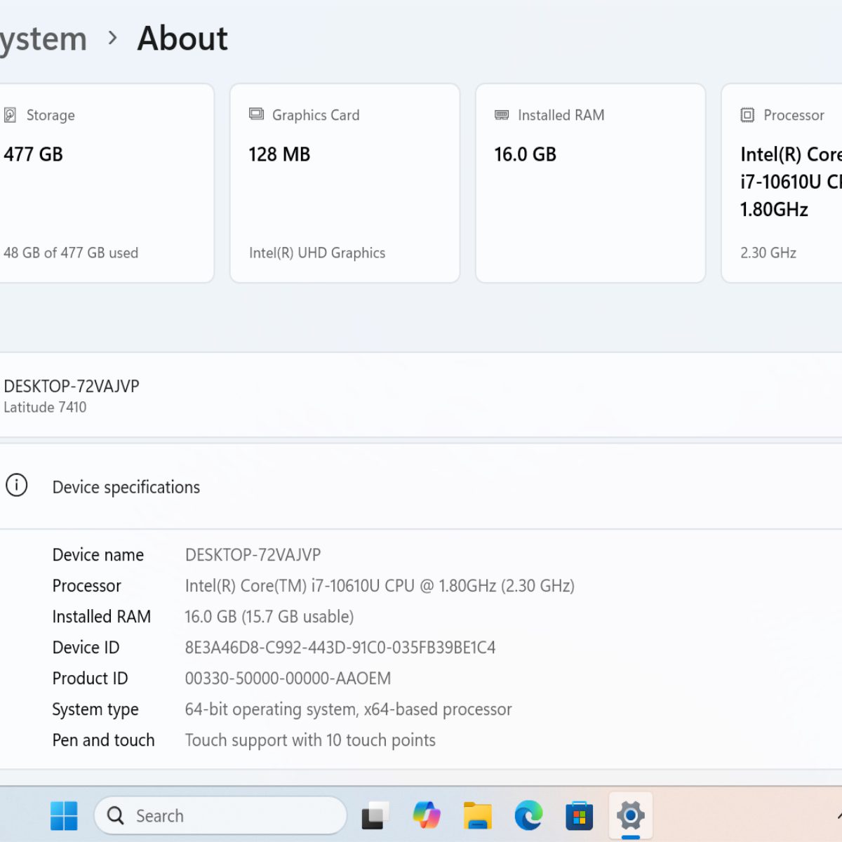 Dell Latitude 7410 about screen showing 16GB RAM and touch support