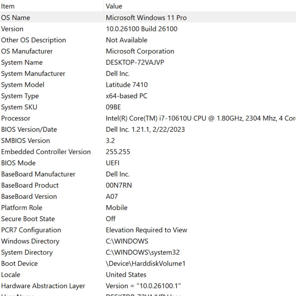 Dell Latitude 7410 system information screen showing Windows 11 Pro and Intel Core i7-10610U