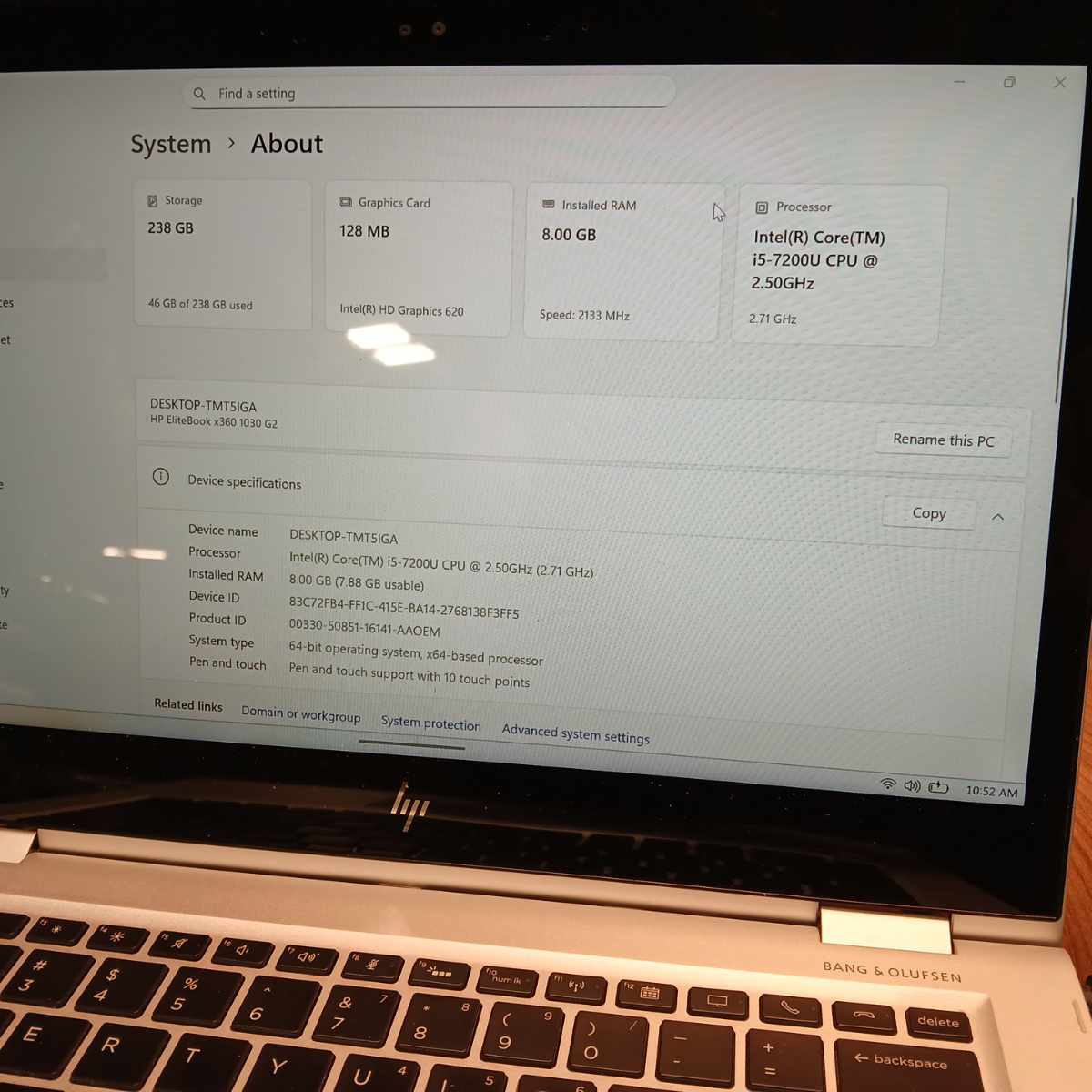 HP EliteBook x360 1030 G2 displaying Windows System About Screen