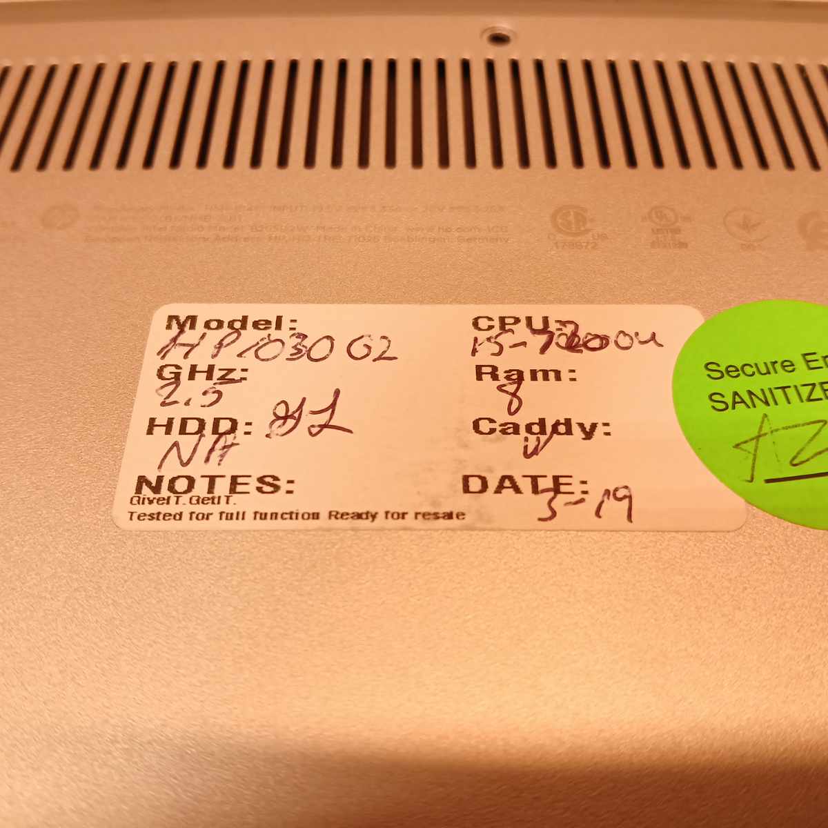 HP EliteBook x360 1030 G2 laptop specification label showing Intel Core i5-7200U CPU and 8GB RAM