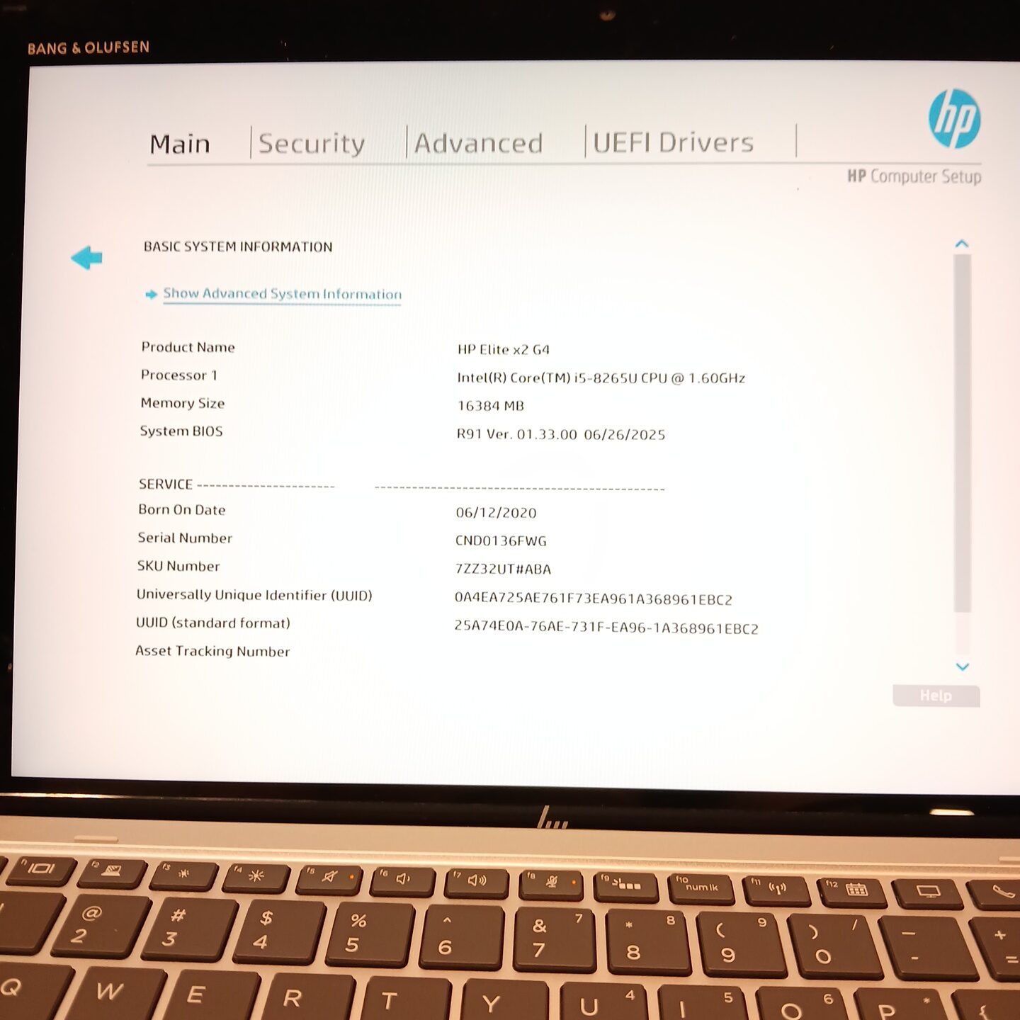HP Elite x2 G4 BIOS screen showing model information, Intel Core i5-8265U processor, and 16GB memory