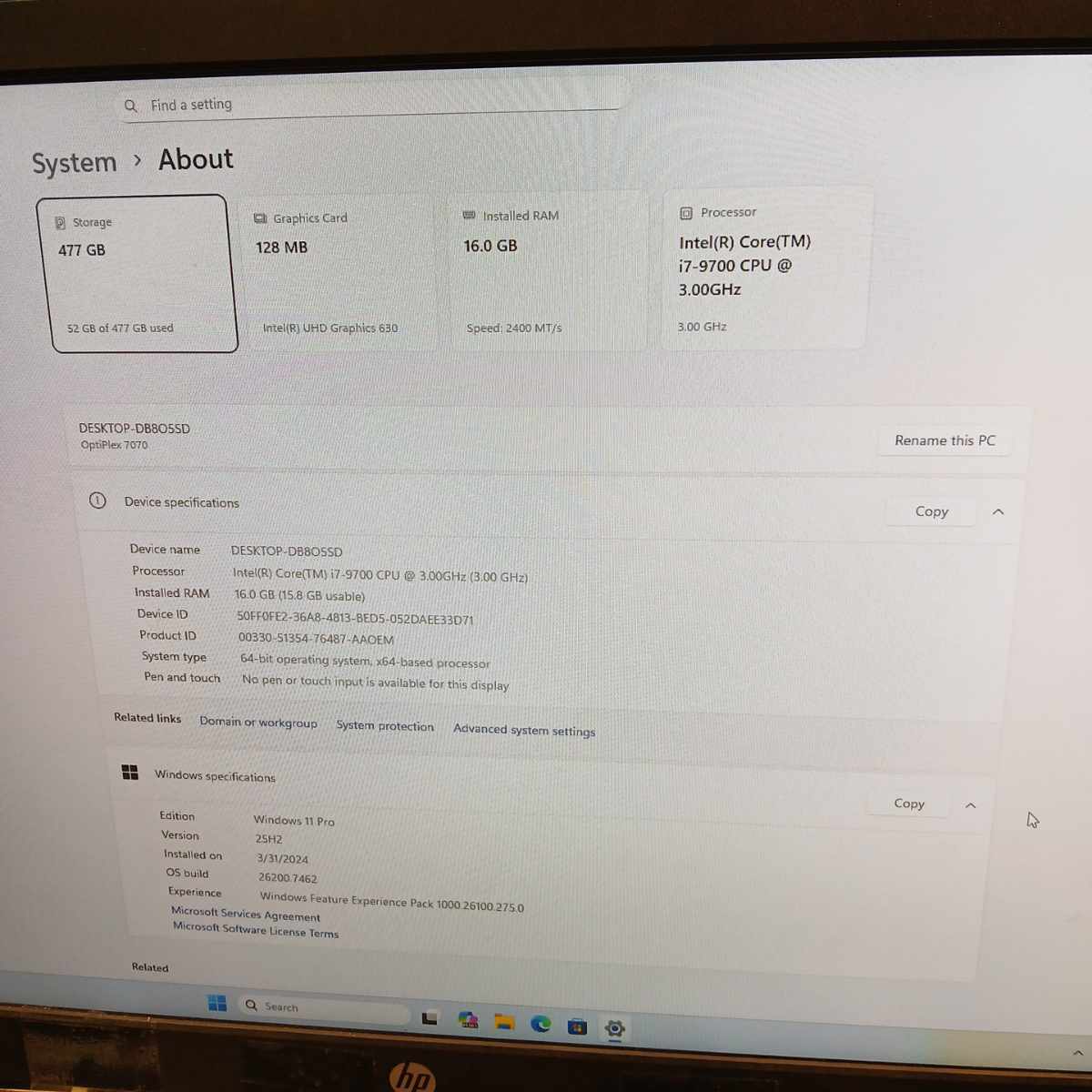 Dell OptiPlex 7070 system information screen showing Intel Core i7-9700 16GB RAM 477GB storage and Windows 11 Pro