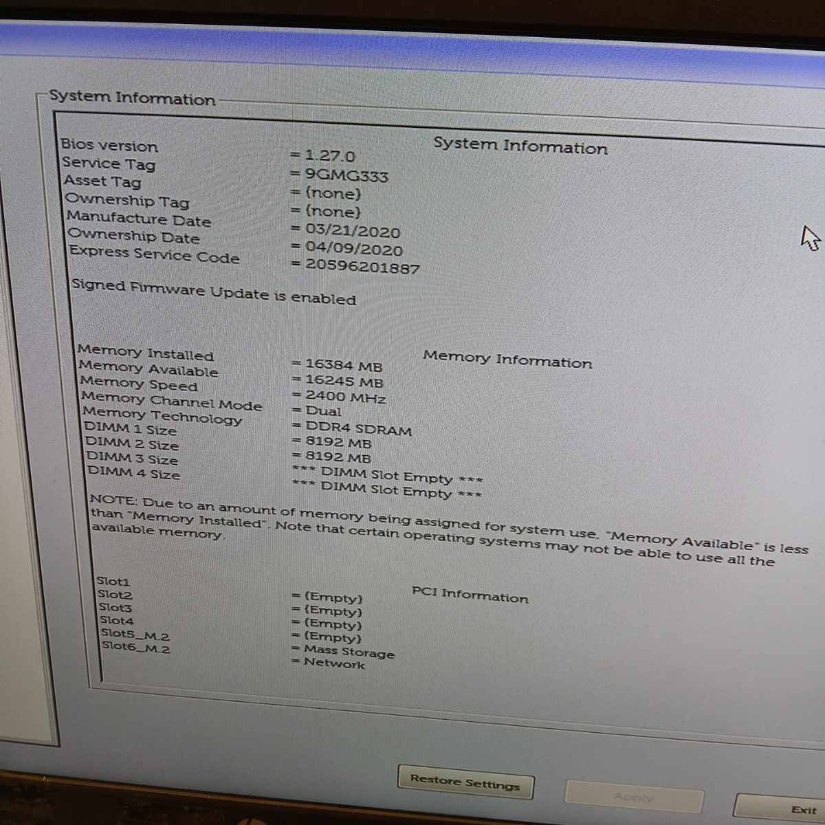 Dell OptiPlex 7070 BIOS system information screen showing service tag memory and hardware details
