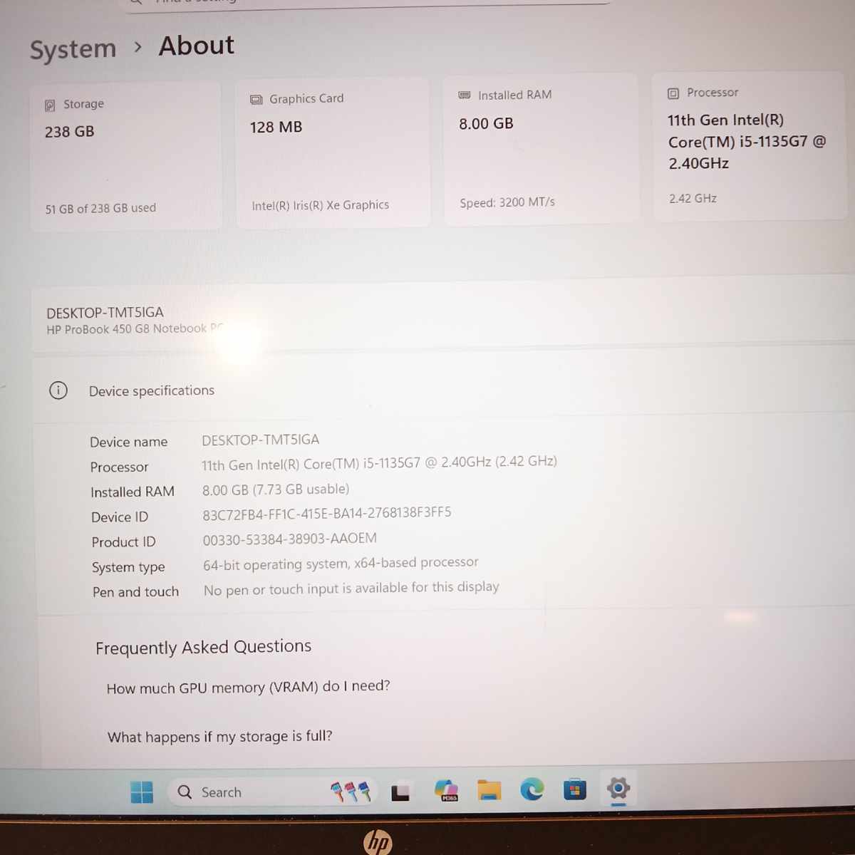 HP ProBook 450 G8 laptop specs screen showing Intel Core i5-1135G7, 8GB RAM, and Windows 11 Pro