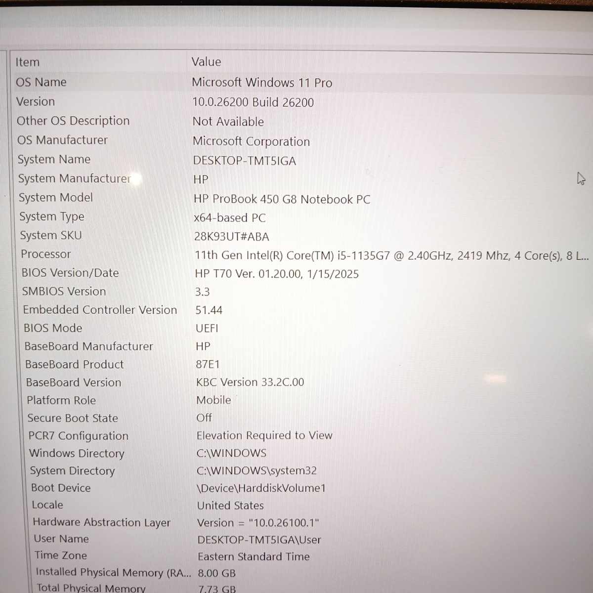 HP ProBook 450 G8 system information screen with Windows 11 Pro and device details