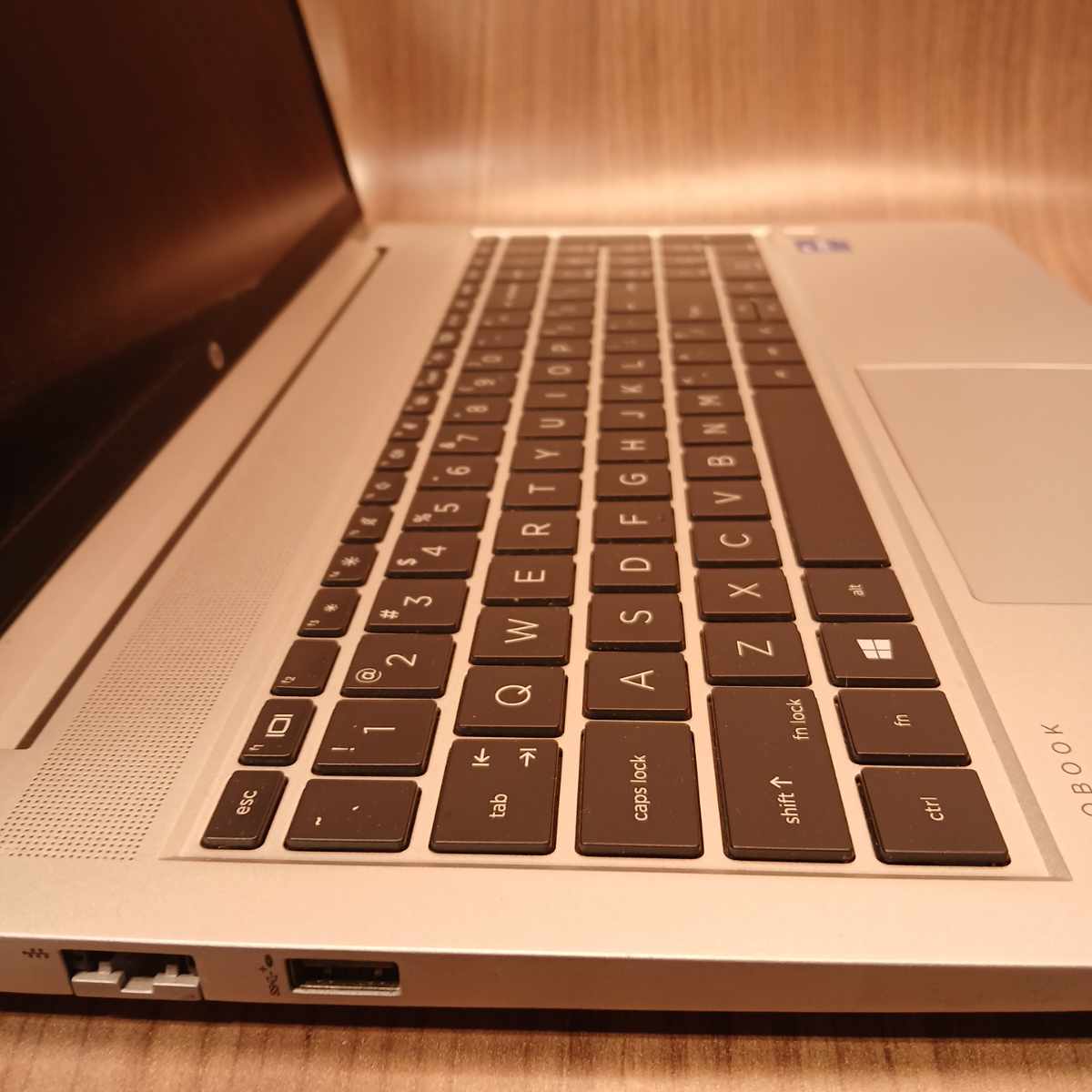 HP ProBook 450 G8 keyboard and touchpad angled view with left-side ports