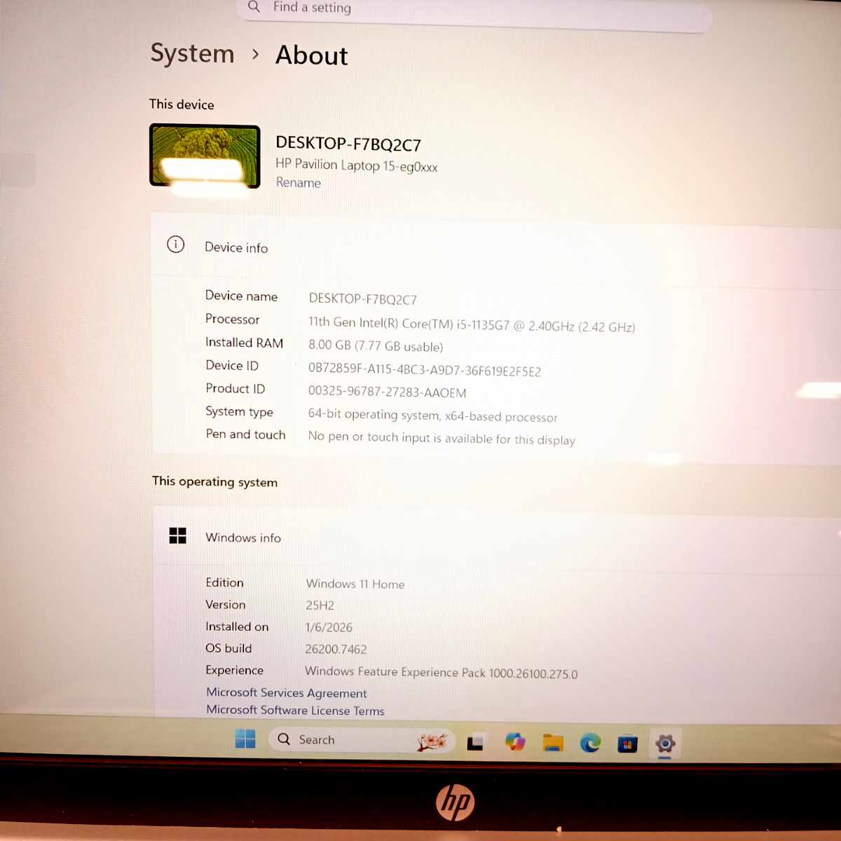 HP Pavilion 15-eg0xxx laptop Windows 11 Home system about screen showing Intel Core i5-1135G7 and 8GB RAM