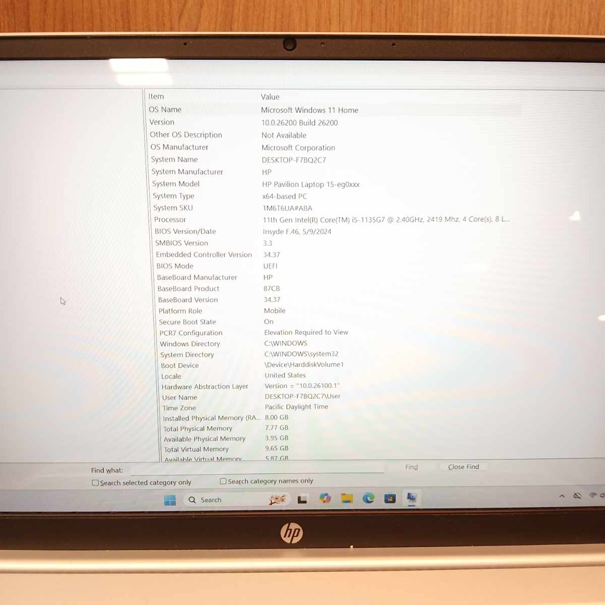 HP Pavilion 15-eg0xxx system information screen with Windows 11 Home and device details