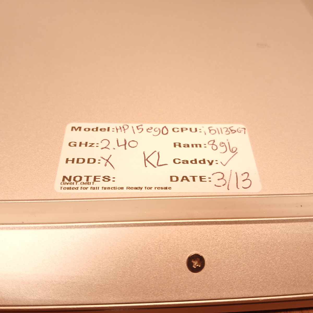 HP Pavilion 15-eg0xxx inventory sticker close-up showing model and Intel Core i5 details