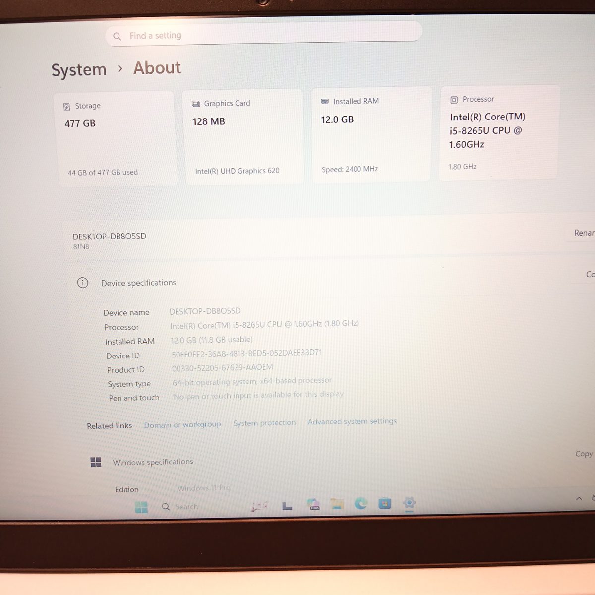 Lenovo IdeaPad S340-15IWL system information screen showing Intel Core i5-8265U, 12GB RAM, and 477GB storage