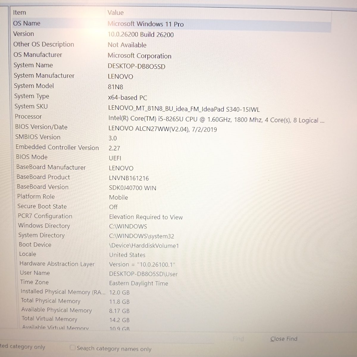 Lenovo IdeaPad S340-15IWL Windows system details showing model 81N8 and Intel Core i5-8265U processor