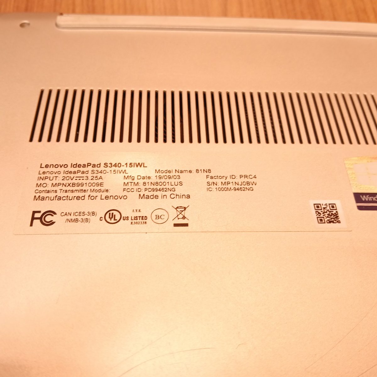 Bottom label on Lenovo IdeaPad S340-15IWL showing model 81N8 and power input information