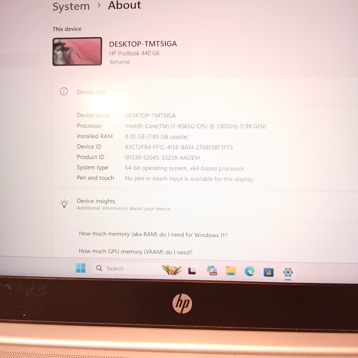 HP ProBook 440 G6 laptop showing Windows 11 Pro system information on screen