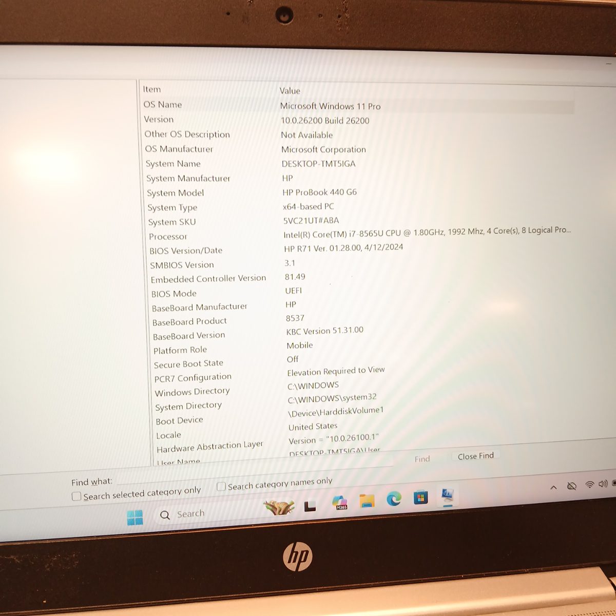HP ProBook 440 G6 displaying detailed Windows 11 system specifications
