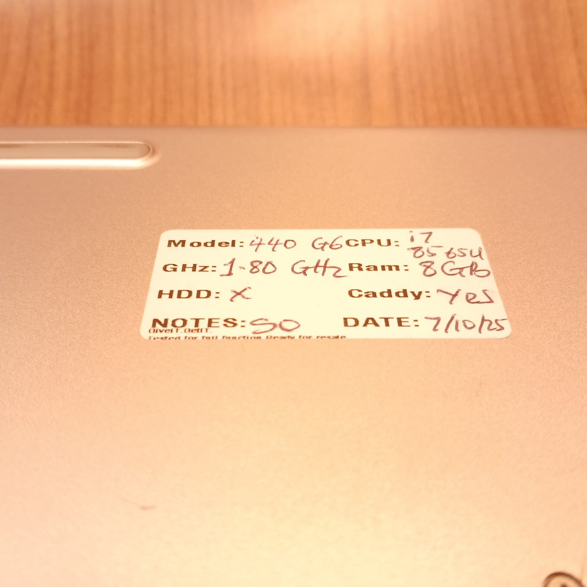 Bottom label on HP ProBook 440 G6 showing handwritten CPU and RAM notes