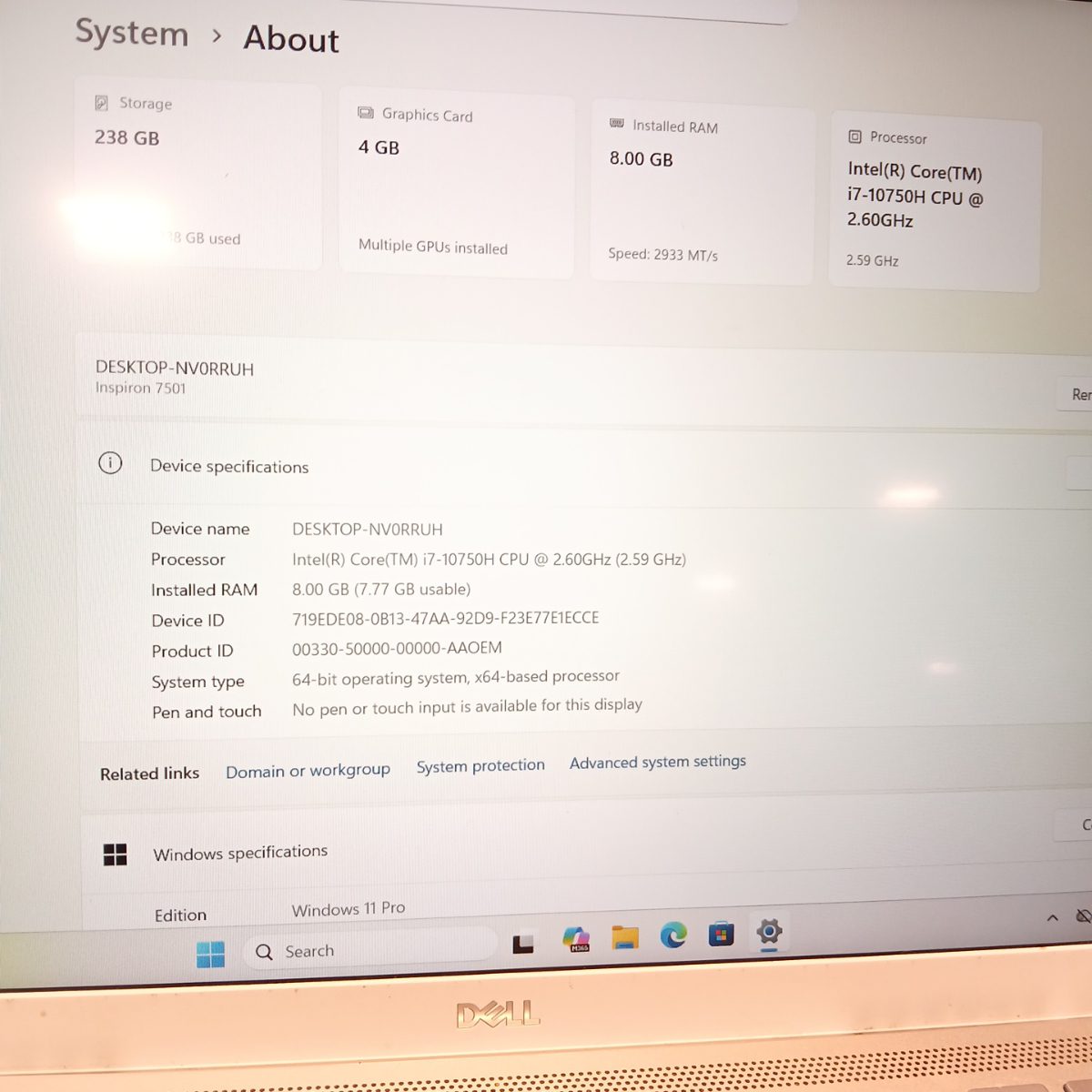 Dell Inspiron 15 7501 laptop system information screen showing Intel Core i7-10750H, 8GB RAM, 256GB SSD, and Windows 11 Pro
