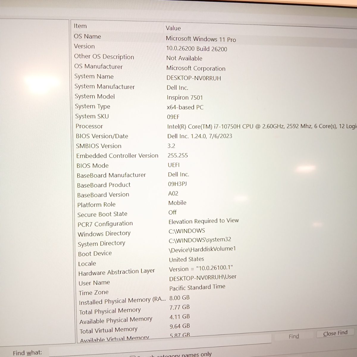 Dell Inspiron 15 7501 laptop system summary screen showing Intel Core i7-10750H processor with 6 cores and 12 logical processors