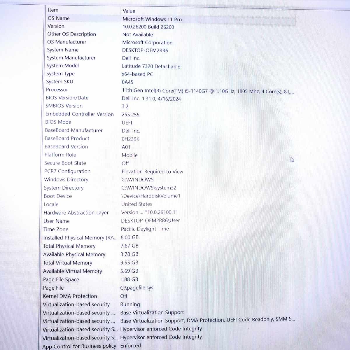 dell latitude 7320 detachable tablet/laptop system information page