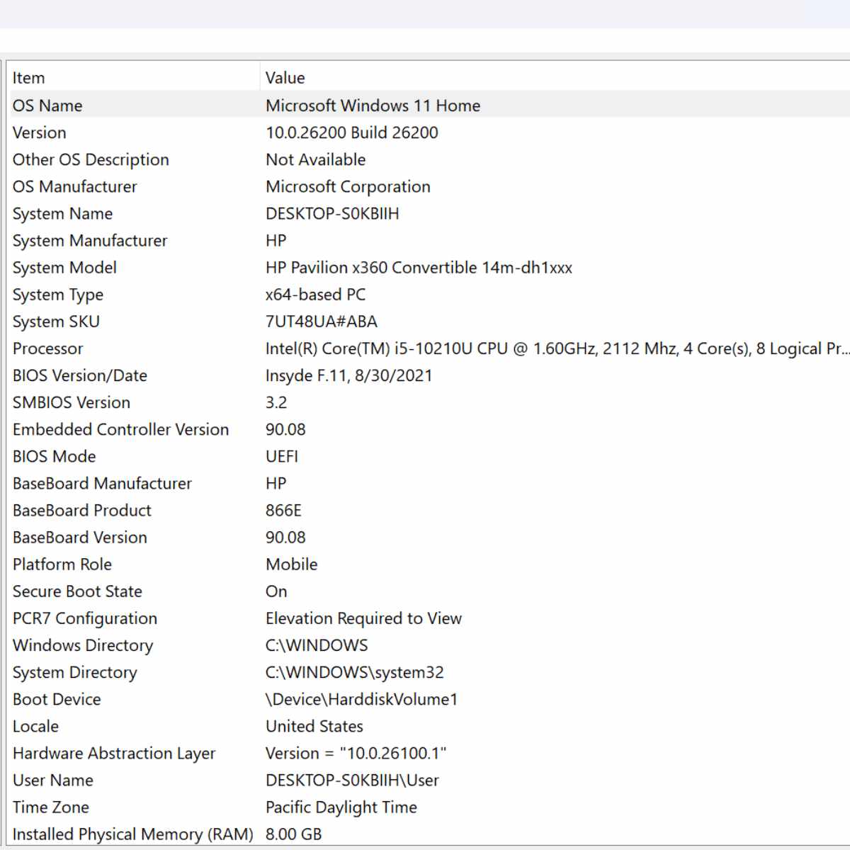 hp pavilion x360 laptop system information page