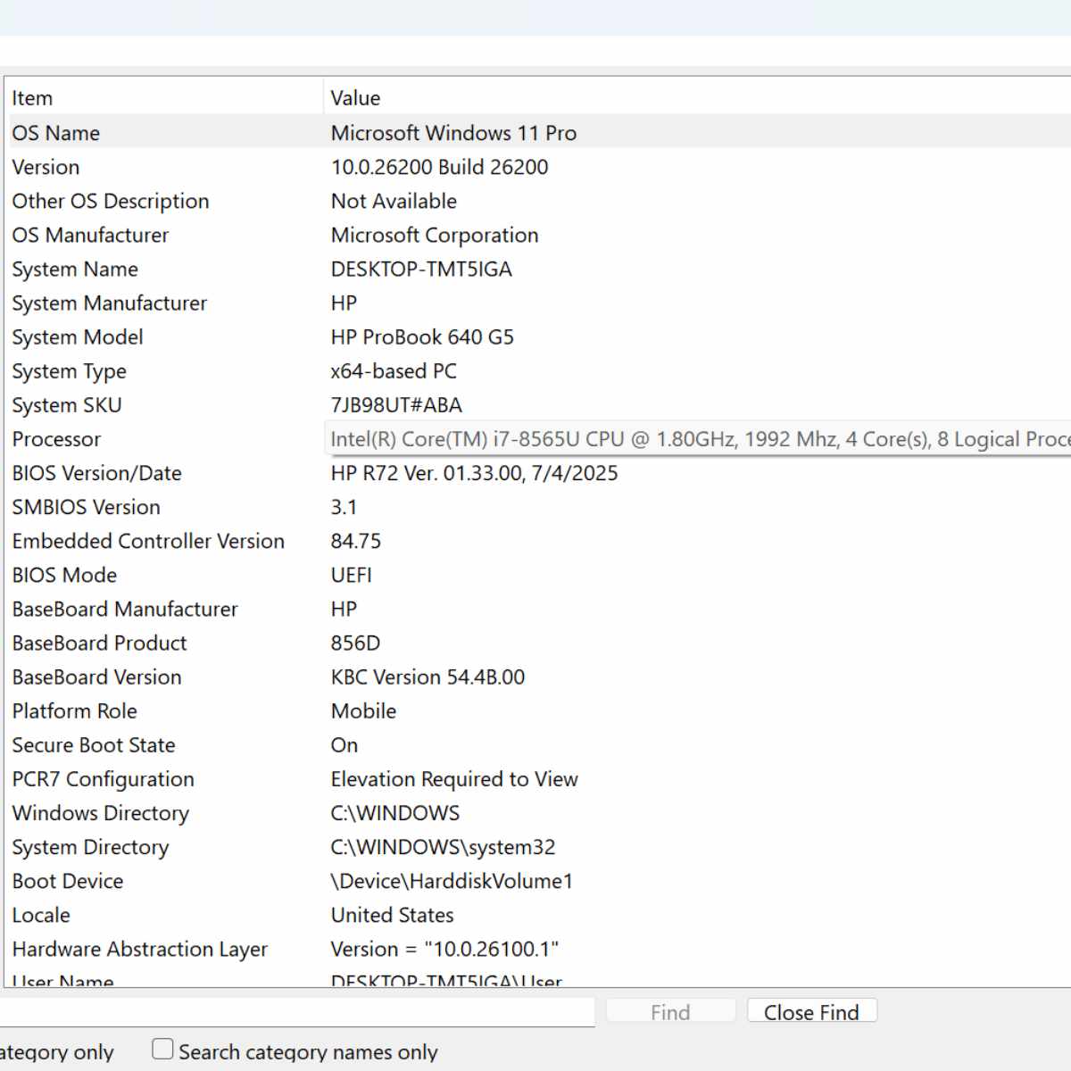 hp probook 640 g5 laptop system information page