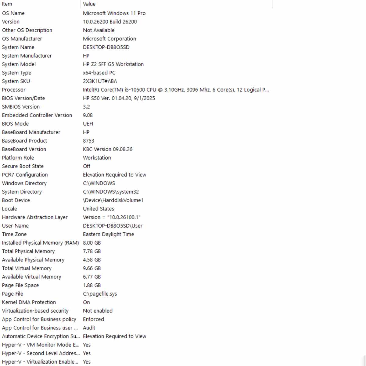hp z2 sff g5 workstation system information