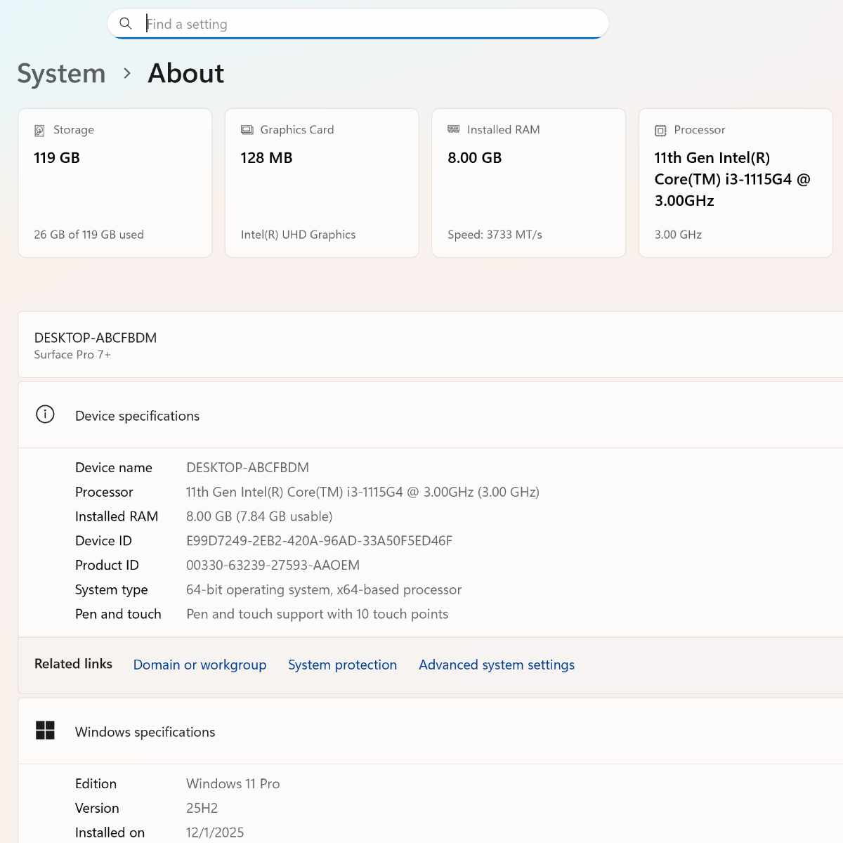 microsoft surface pro 7+ laptop about page