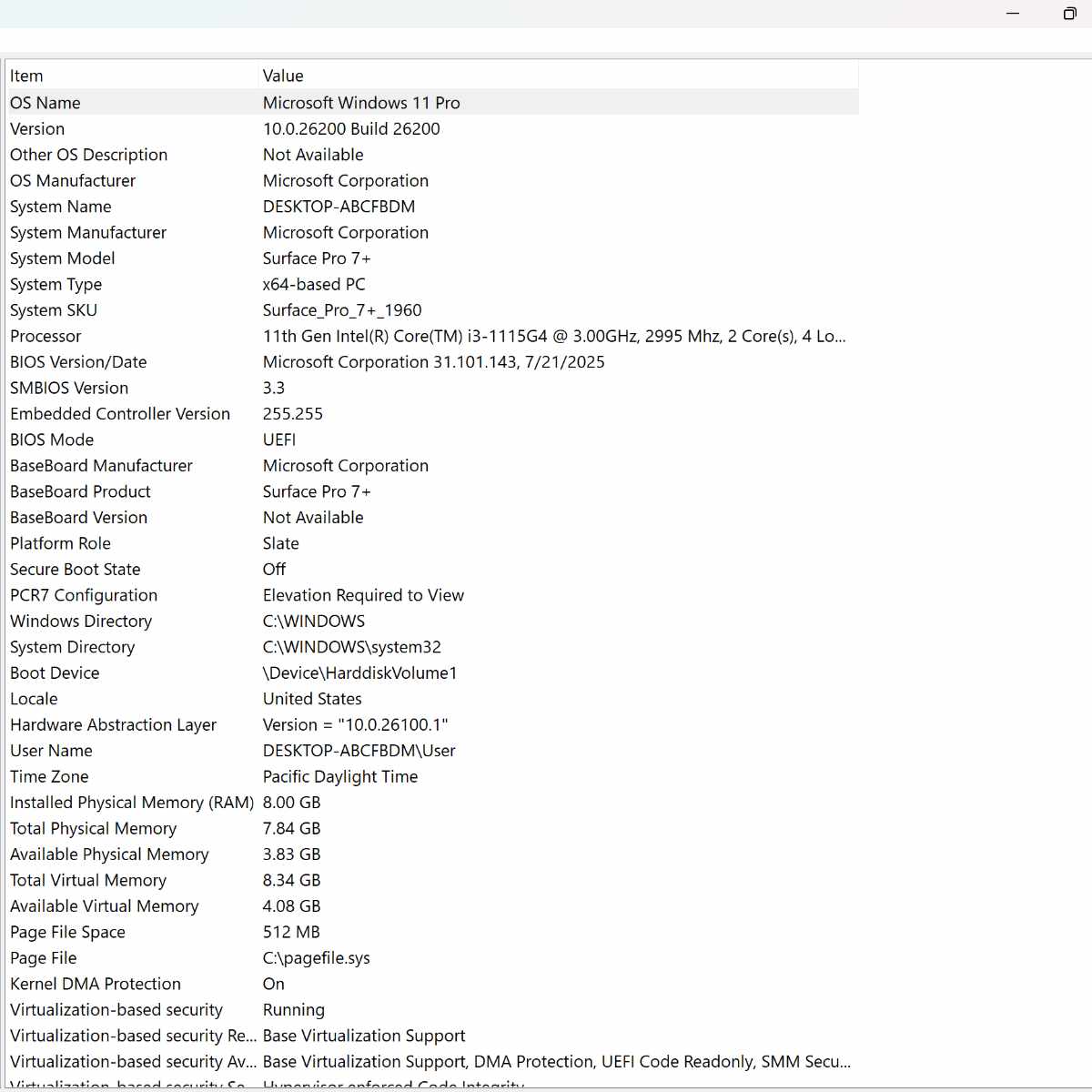 microsoft surface pro 7+ laptop system information page