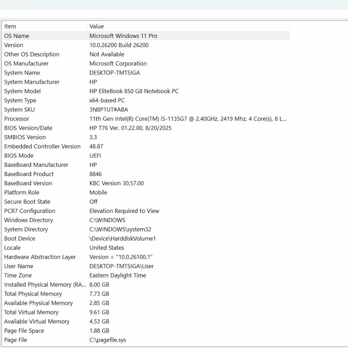 hp elitebook 850 g8 notebook pc system information page