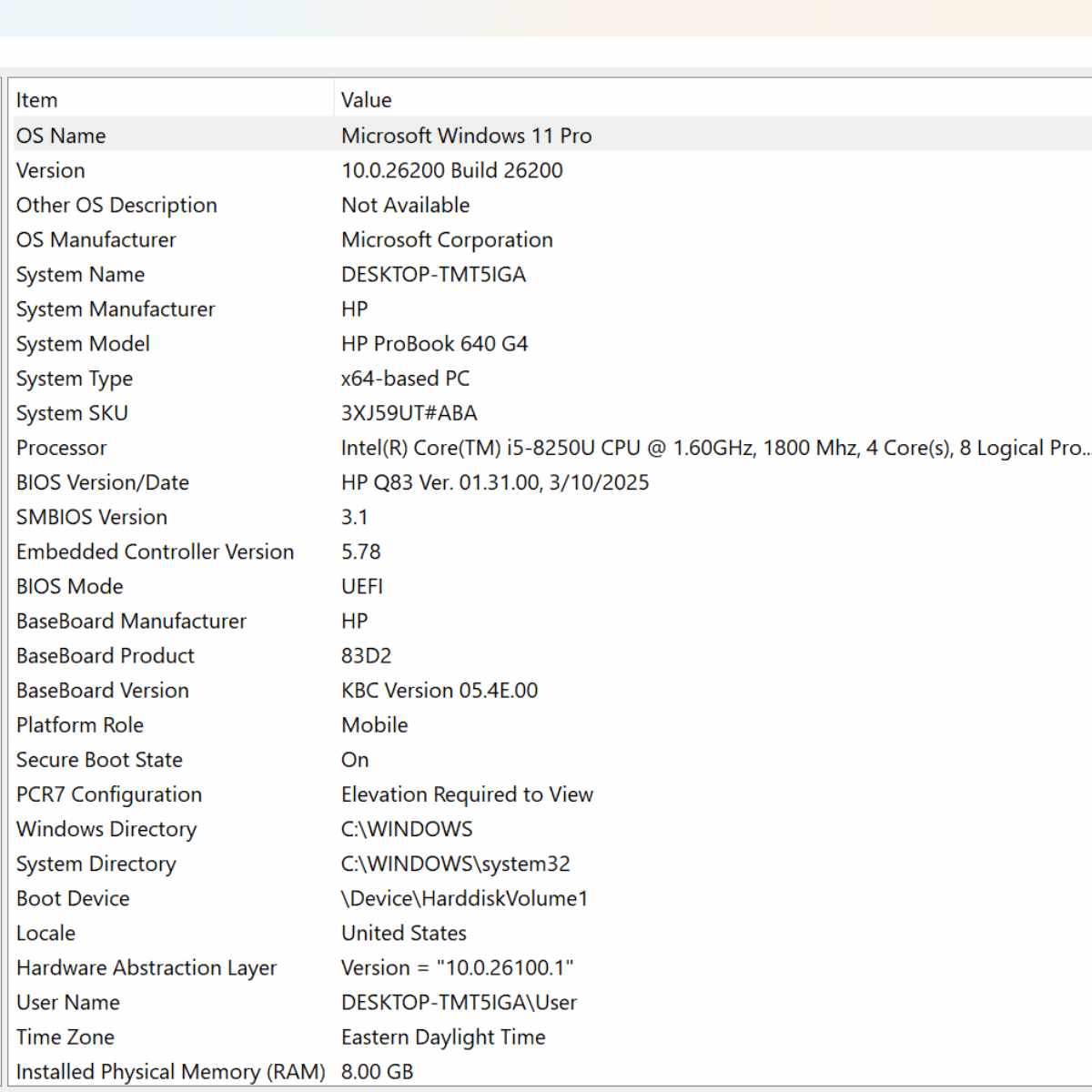 hp probook 640 g4 laptop system information page