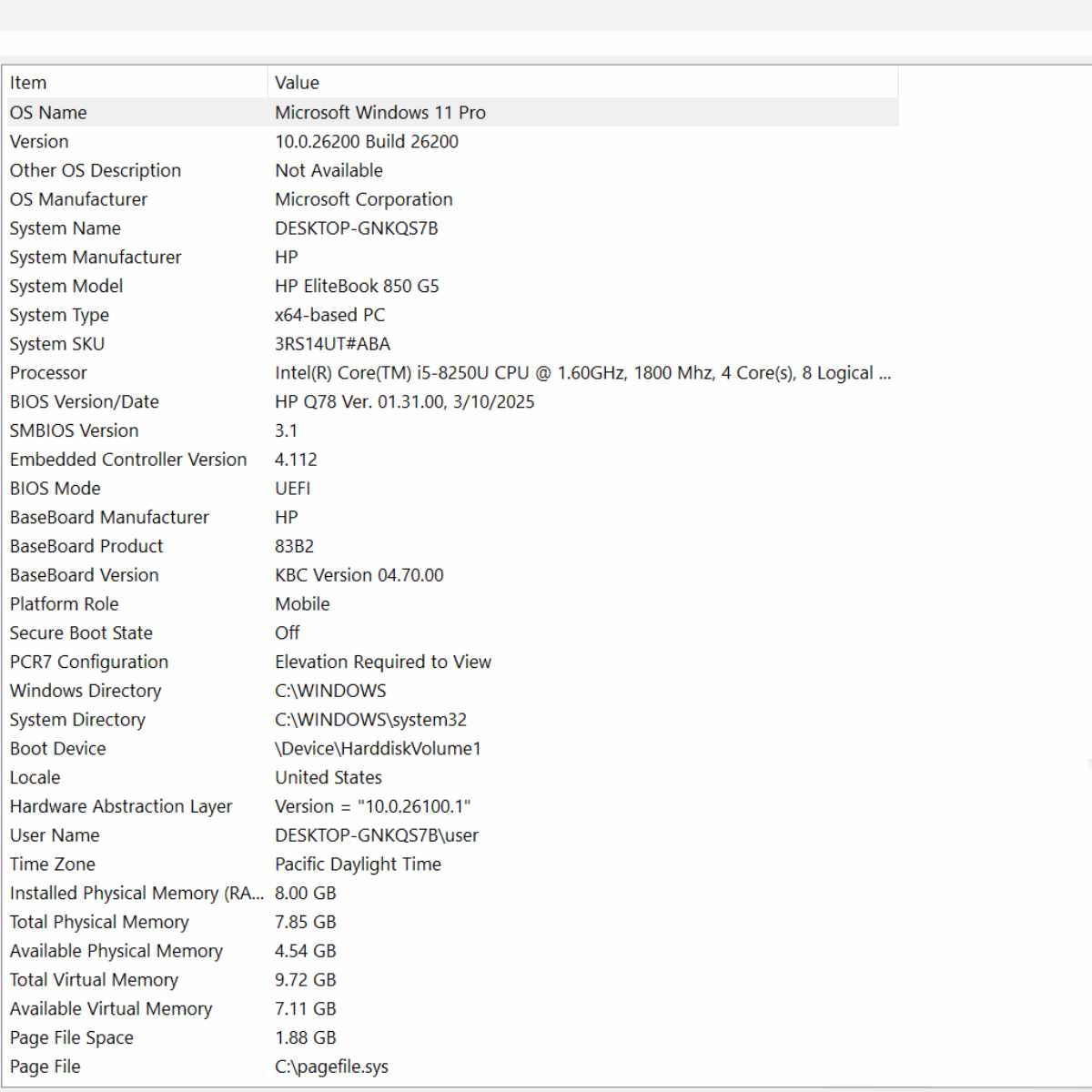 hp elitebook 850 g5 i5-8250u 8gb ram 256gb ssd laptop system information page